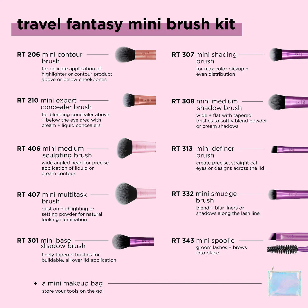 Real Techniques Makeup Brushes Travel Fantasy Mini Set 10 In 1 + Bag