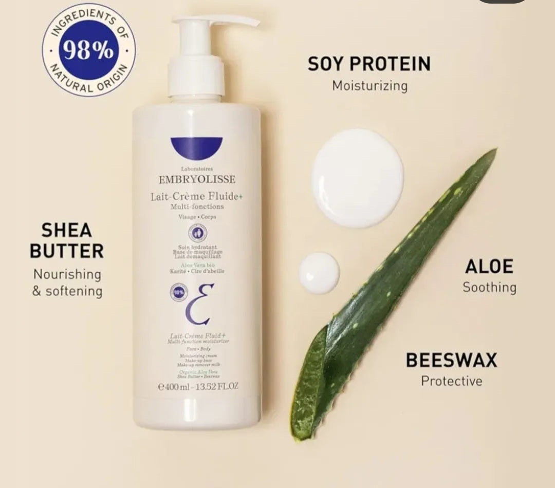 Embryolisse Lait-Crème Fluid+ Face & Body Cream, Multi-Use Lightweight Moisturizer with Shea Butter & Aloe Vera. Fast Absorbing, For All Skin Types. 400 ml